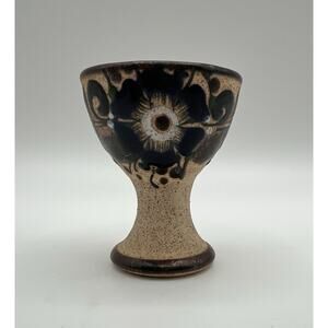 Tonala Mexican Pottery Hand Painted Egg Cup 2.5” w Blue Flower Artist Signed